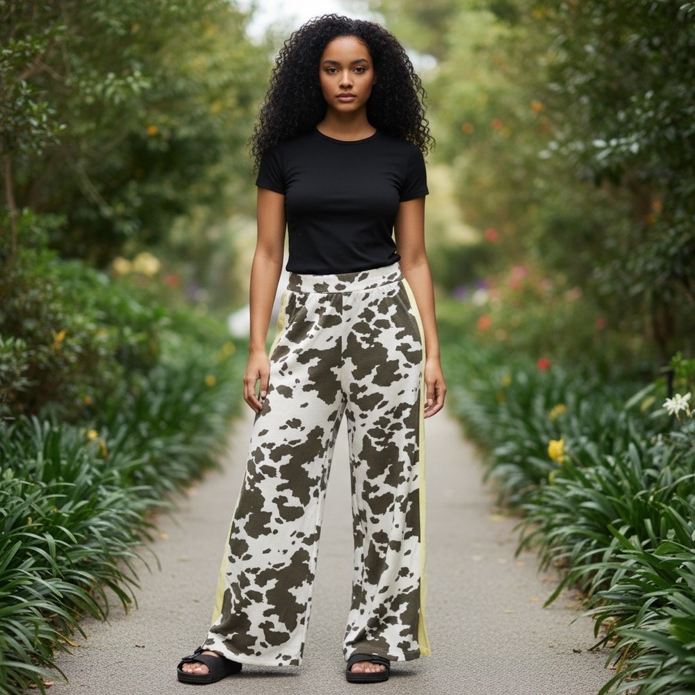 Grayson Threads Lounge Statement Pants S Brown Cow Print Wide Leg Slit Western